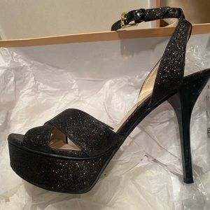 Black Glitter Michael Kors Gideon Platform Stiletto Sandals Size 8.5M